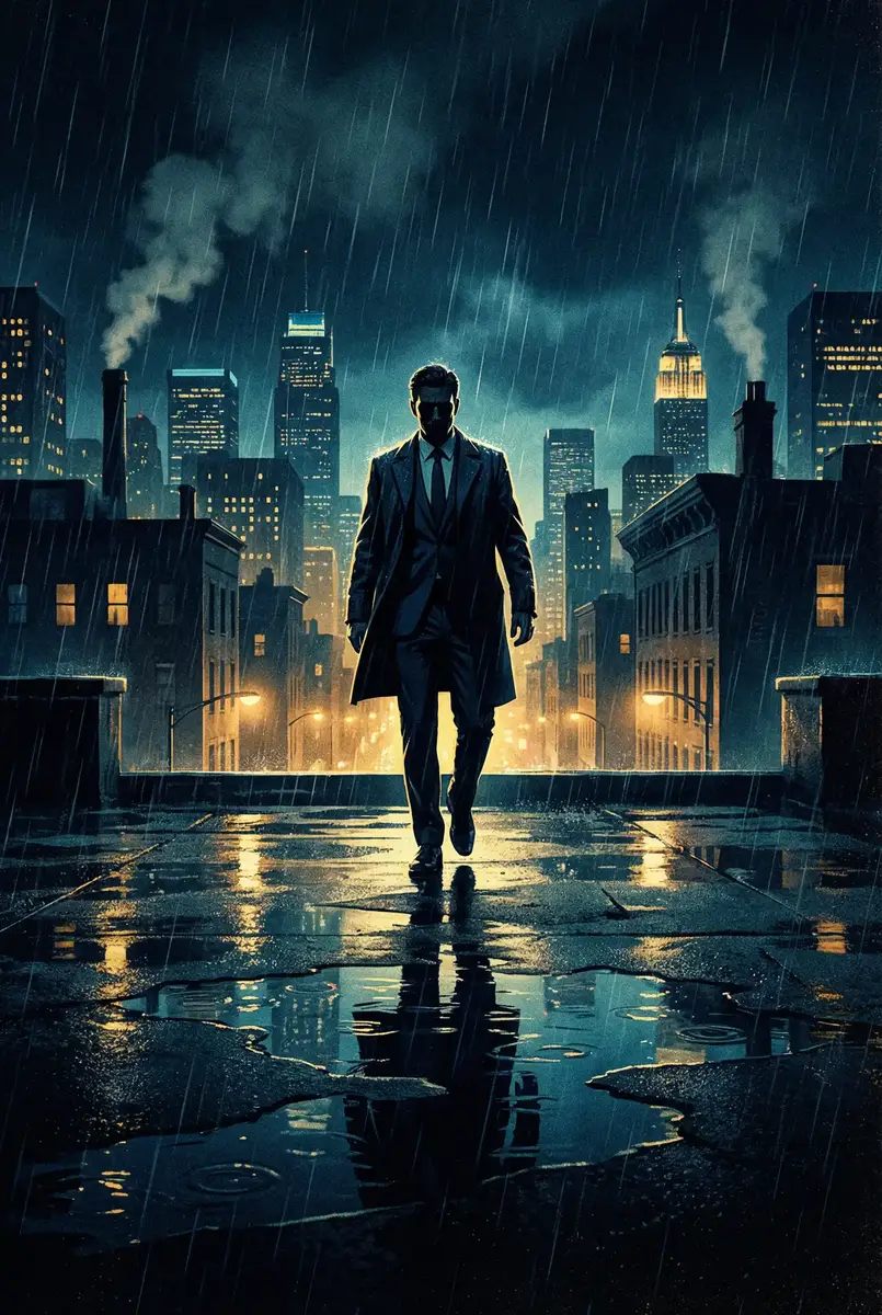 皎若云间月电视剧 出品影片《雨夜独行者》海报，雨中城市屋顶男性剪影